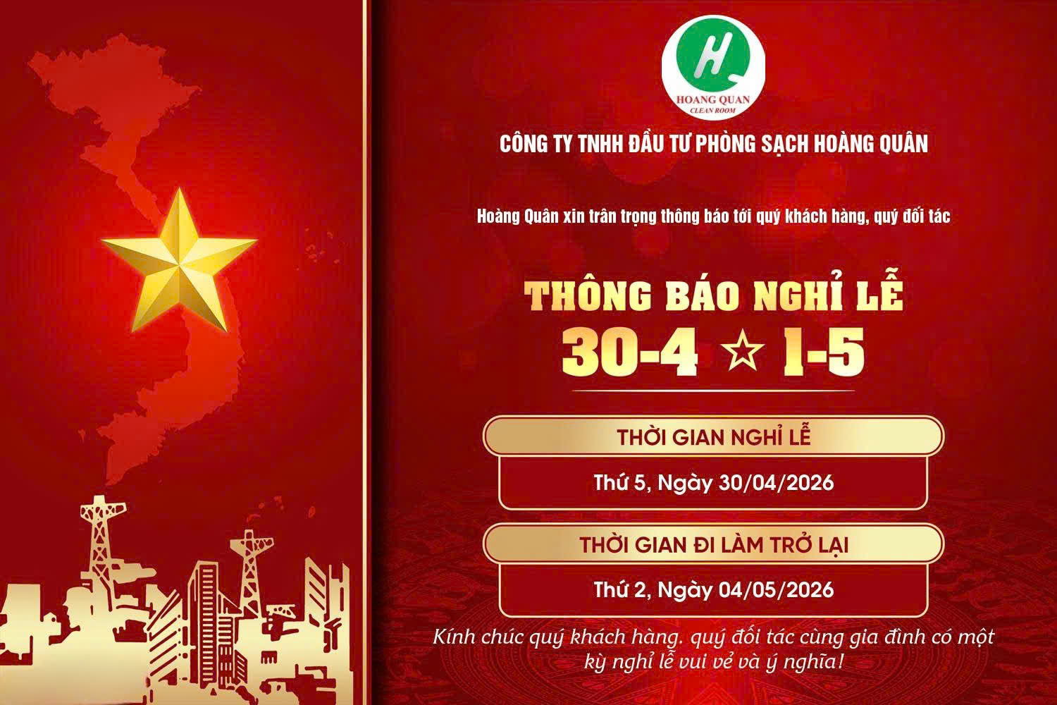 THÔNG BÁO LỊCH NGHỈ LỄ 30/4 - 1/5 NĂM 2026